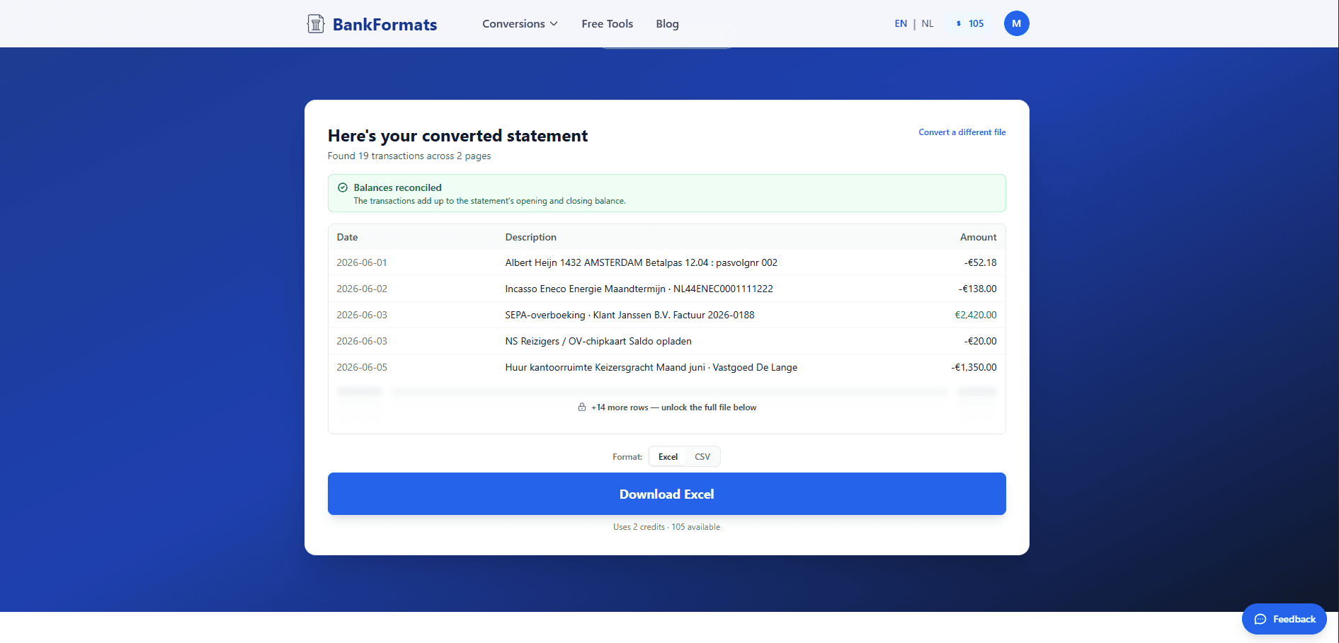 Converted bank statement as a clean Excel table in BankFormats